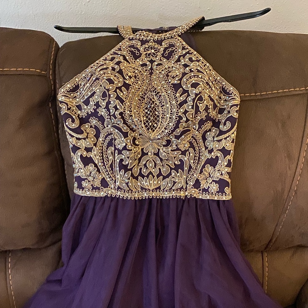 Gold embellished purple homecoming dress